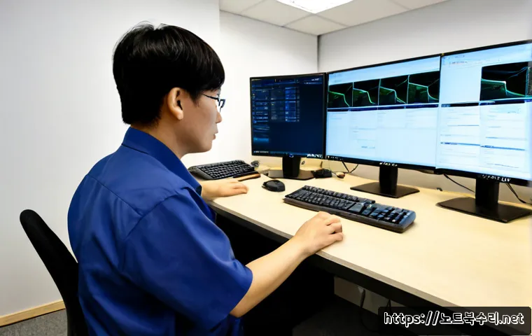 경동 STATUS_NETWORK_ACCESS_DENIED - Photorealistic IT support workstation in a compact Korean wholesale office, dual monitors showing ab...