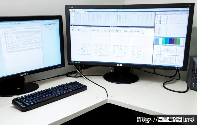 연건동 STATUS_KERNEL_BLOCKED - Photorealistic workstation in a compact Yeongeon-dong research office, dual monitors showing abstrac...