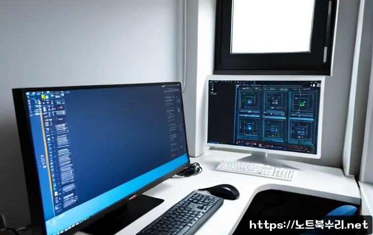 신이문동 STATUS_INVALID_OBJECT - Photorealistic IT support workstation in a compact apartment near a quiet rail-side neighborhood, du...