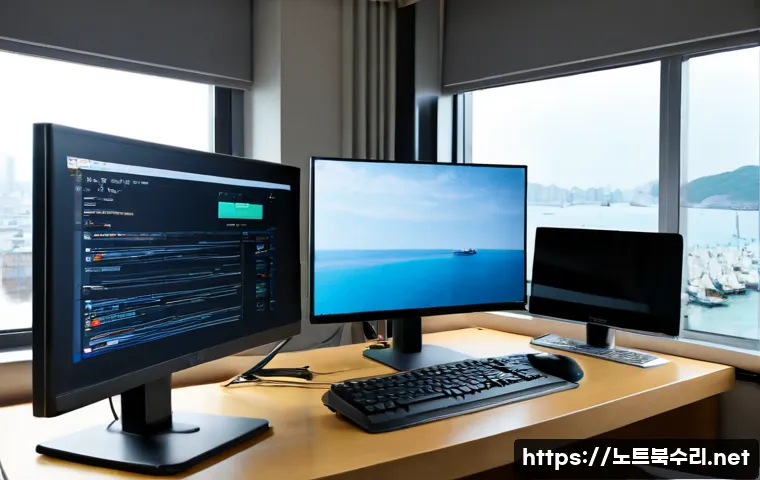 청호동 STATUS_KERNEL_HANDLE_INVALID - Photorealistic remote-support workstation in a compact Cheongho-dong apartment, dual monitors showin...