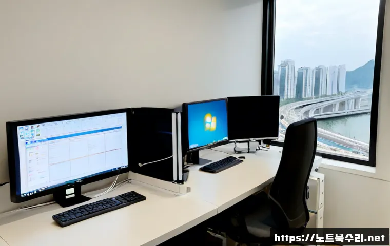 서강동 INTERNAL_POWER_ERROR - Photorealistic IT support workstation in a compact riverside Seoul office, dual monitors showing a b...