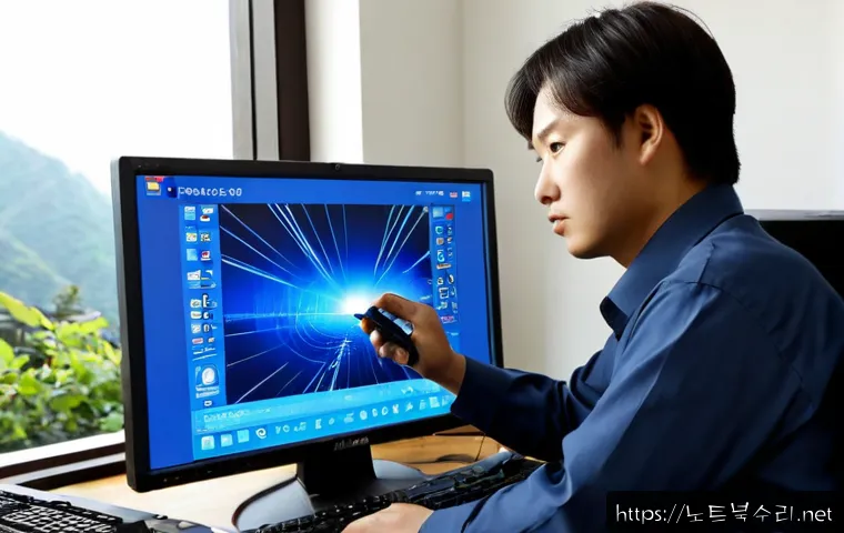 송월동 DRIVER_IRQL_NOT_LESS_OR_EQUAL - Photorealistic PC repair workstation in a compact Korean hillside neighborhood office, technician ex...