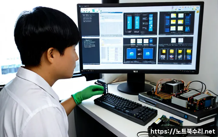 가리봉 HARDWARE_FAILURE - Photorealistic IT support workstation in a compact Garibong industrial office, desktop tower opened ...