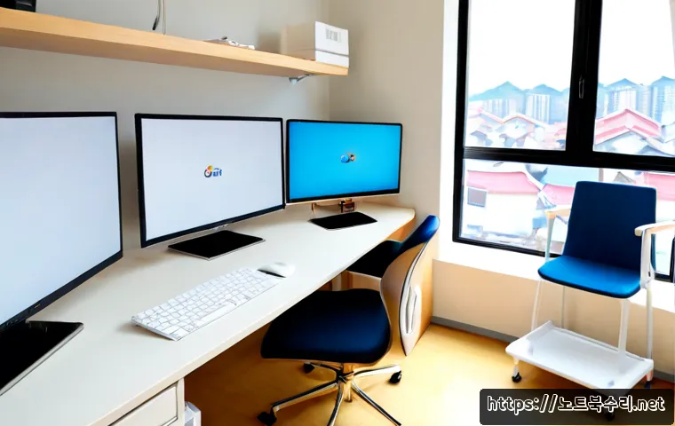감정동 STATUS_IMAGE_INVALID - Photorealistic product design workstation in a quiet Korean suburban district, dual monitors display...