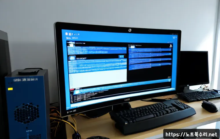 수궁동 KERNEL_STACK_INPAGE_ERROR - Photorealistic remote-support workstation in a compact Sugung-dong apartment office, dual monitors s...