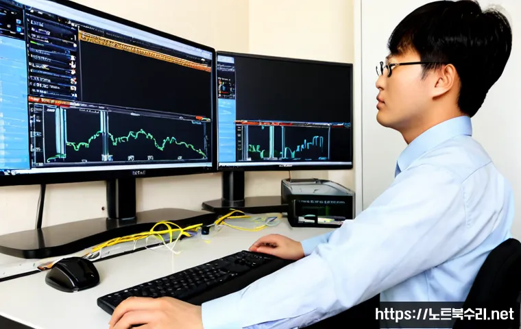 대야동 STATUS_CONNECTION_REFUSED - Photorealistic IT support workstation in a compact Korean apartment office, dual monitors showing a ...