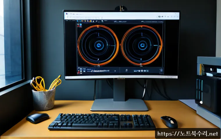 연무동 INACCESSIBLE_BOOT_DEVICE - Photorealistic IT support workstation in a compact Yeonmu-dong office, desktop monitor showing a dar...