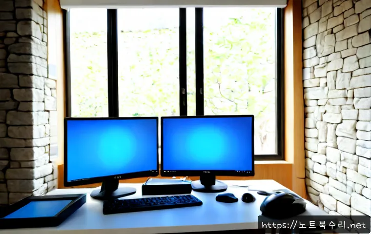 정동 MACHINE_CHECK_EXCEPTION - Photorealistic IT support workstation in a refined Jeong-dong office, dual monitors showing abstract...