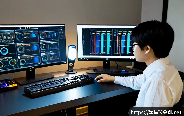 궁내동 STATUS_KERNEL_MODULE_CORRUPTION - Photorealistic IT support workstation in a modern apartment office, dual monitors showing abstract C...