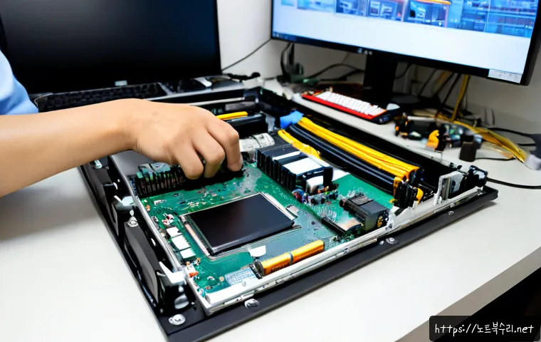 북한동 메인보드조립 및 교체수리 - Photorealistic computer repair workstation in Bukhan-dong, Seoul, technician carefully installing a ...