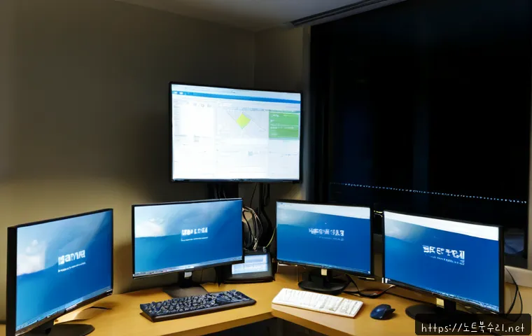 북내면 STATUS_KERNEL_REGISTRY_ERROR - Photorealistic IT support workstation in a quiet rural Korean township office, dual monitors showing...