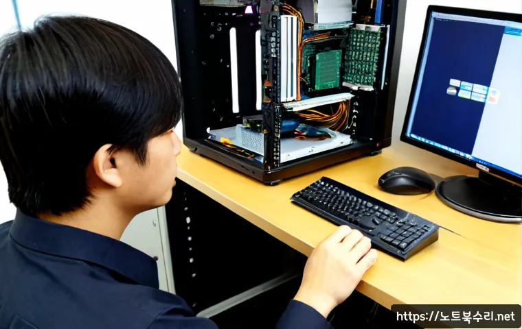 수리동 하드조립 및 교체수리 - Photorealistic computer repair workstation in a compact Suwon apartment office, technician carefully...