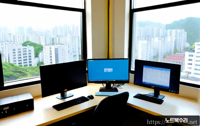 고척동 STATUS_PAGE_FAULT - Photorealistic IT support workstation in a compact Gocheok-dong office, dual monitors showing a blan...