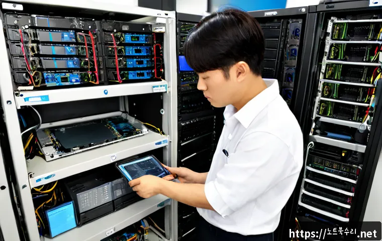 천천동 server출장방문수리점 - Photorealistic onsite server repair inside a compact Cheoncheon-dong office, technician replacing a ...