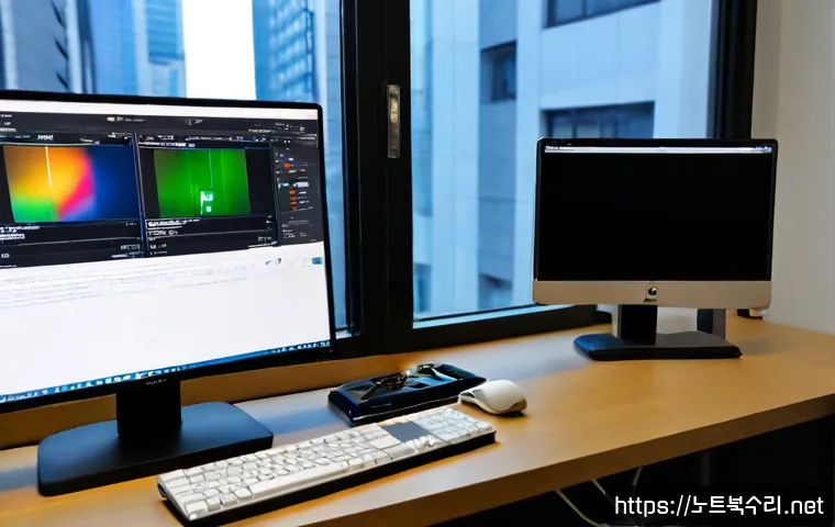 공덕동 BOOTMGR is Compressed - Photorealistic IT support workstation in a compact Gongdeok neighborhood office, dual monitors showi...