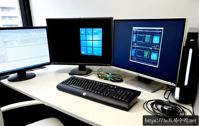 신건지동 IO_DEVICE_ERROR - Photorealistic IT support workstation in a compact urban Korean office, dual monitors showing a blan...