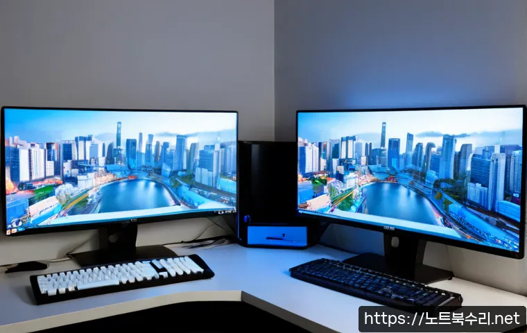 은계동 STATUS_MEMORY_ACCESS_DENIED - Photorealistic modern PC repair workstation in a compact apartment office, dual monitors showing abs...