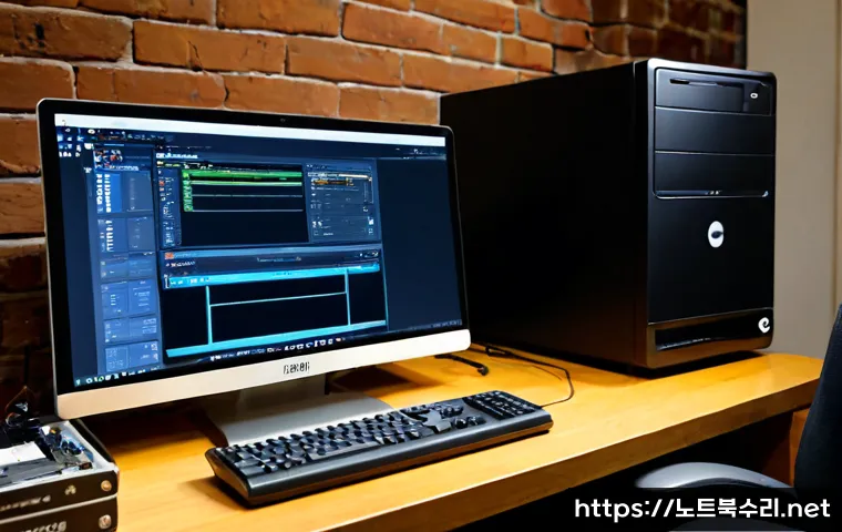 행궁동 UNMOUNTABLE_BOOT_VOLUME - Photorealistic remote-support workstation in a compact historic-district studio, desktop monitor sho...