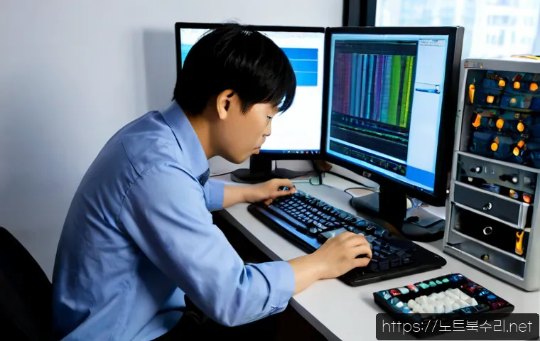 마포동 DRIVER_CAUGHT_MODIFYING_FREED_POOL - Photorealistic IT support workstation in a compact Mapo-dong office, engineer examining a desktop to...