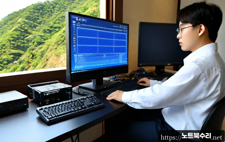 청운효자동 PAGE_FAULT_IN_NONPAGED_AREA - Photorealistic IT support workstation in a quiet Seoul hillside office near traditional tiled roofto...