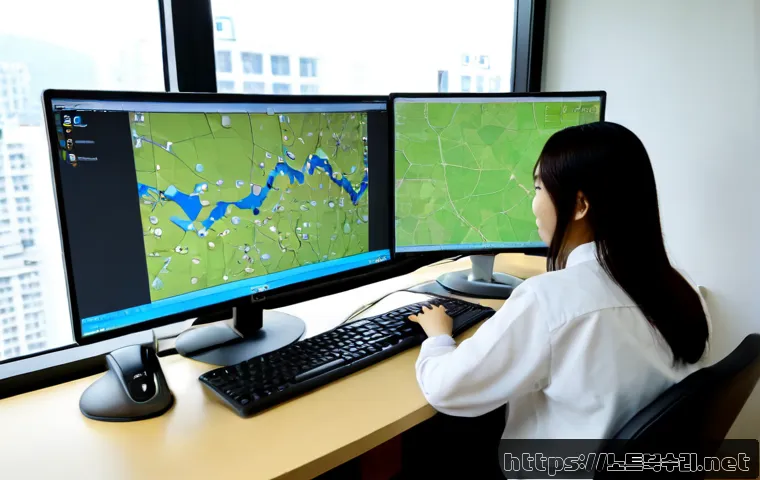 인지동 STATUS_MODULE_CORRUPTION - Photorealistic software support workstation in a quiet Injidong office, dual monitors showing a corr...