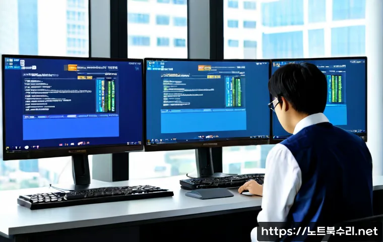 상암동 BAD_SYSTEM_CONFIG_INFO - Photorealistic IT support workstation in a modern Sangam digital-media office, dual monitors showing...
