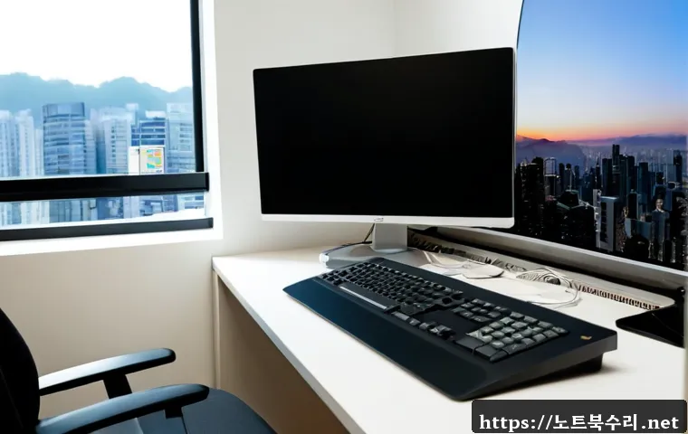 군포시 STATUS_IMAGE_CHECKSUM_MISMATCH - Photorealistic remote-support workstation in a compact Sanbon apartment office, dual monitors showin...