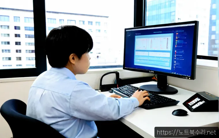 괴안동 STATUS_MEMORY_ACCESS_DENIED - Photorealistic IT support workstation in a compact Goean-dong office, stressed technician examining ...