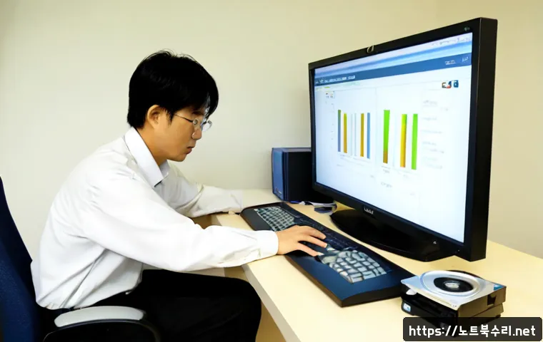 남양주 CDFS_FILE_SYSTEM - Photorealistic remote-support workstation in Namyangju, South Korea, IT specialist examining an opti...