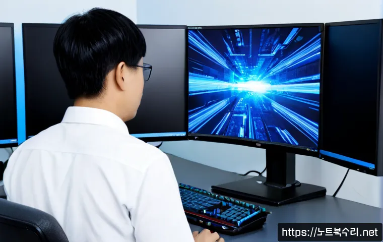 포동 STATUS_KERNEL_DRIVER_CORRUPTION - Photorealistic IT support workstation, a desktop monitor displaying an abstract blue system crash sc...