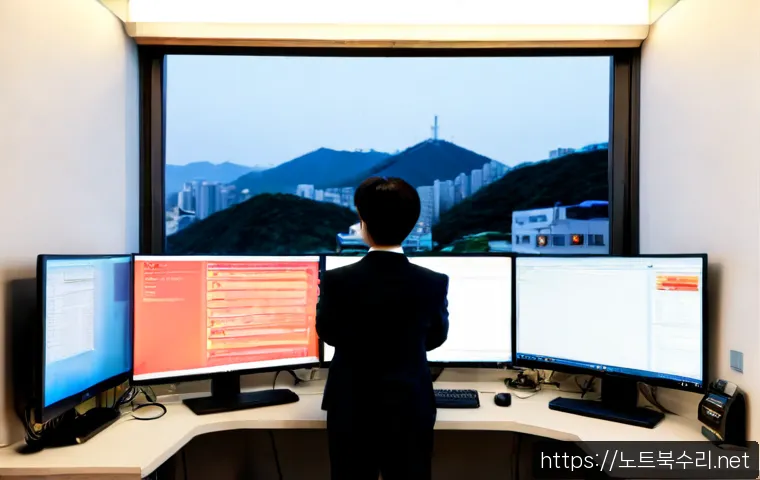 보광동 STATUS_STACK_BUFFER_OVERRUN - Photorealistic IT support workstation in a compact hillside neighborhood office, dual monitors showi...