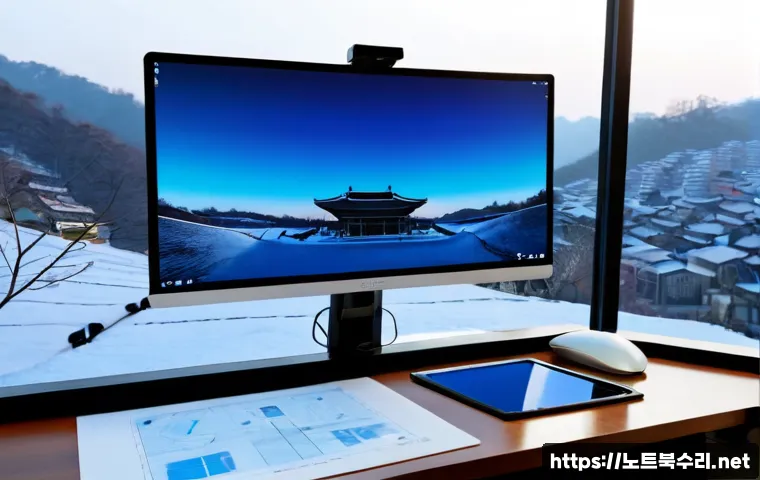 신교동 STATUS_KERNEL_EXECUTION_ERROR - Photorealistic architectural workstation in a quiet hillside Seoul neighborhood, dual monitors showi...