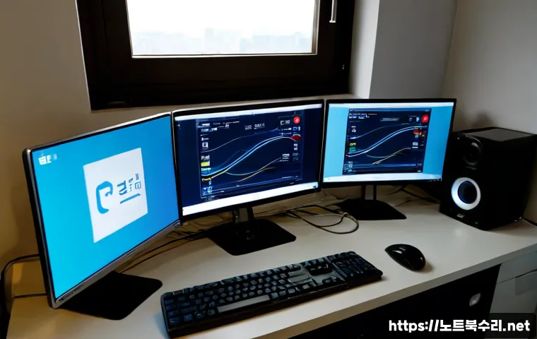 창우동 자동복구 - Photorealistic PC repair workstation in a quiet Chang-dong apartment office, dual monitors showing a...