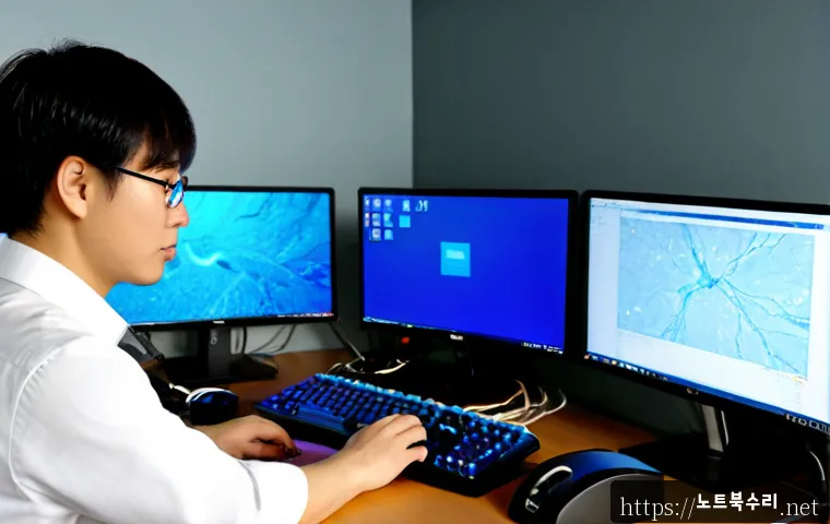 고잔동 STATUS_KERNEL_BLOCKED - Photorealistic IT support workstation in a modern office near a quiet Korean coastal residential dis...