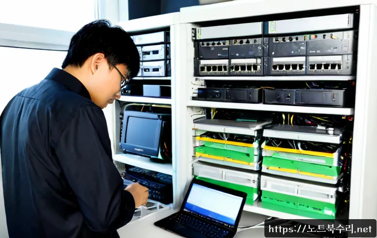 탑동동 네트워크구축 설정 및 세팅오류해결 - Photorealistic IT technician configuring a compact office network in Tapdong-dong, organized rack wi...