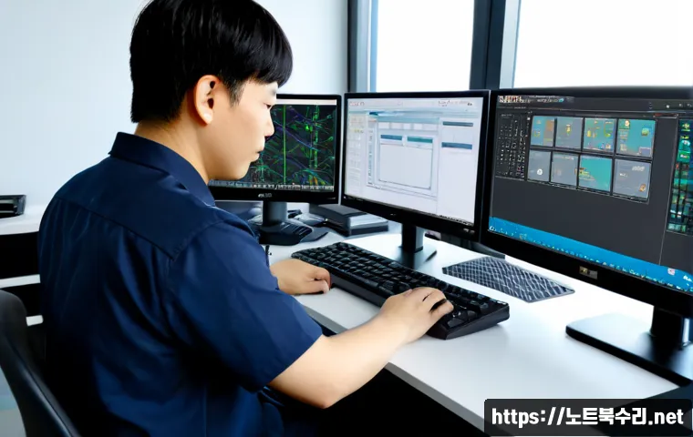 신평동 STATUS_SYSTEM_PROCESS_TERMINATED - Photorealistic remote-support workstation in a compact industrial district office, dual monitors sho...