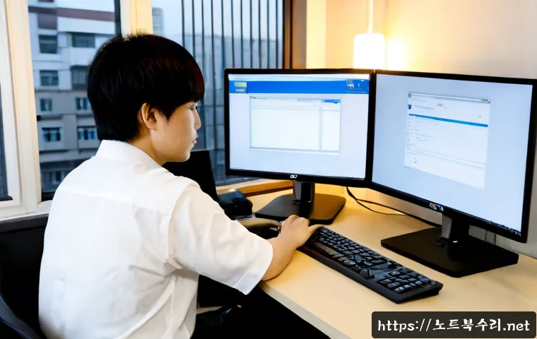 선린동 linux재설치 포맷 초기화 - Photorealistic remote-support workstation in a compact Sunrin-dong office, dual monitors showing a c...