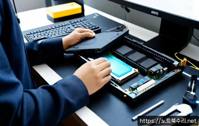 사음동 SSD조립 및 교체수리 - Photorealistic electronics repair workstation, technician installing a slim NVMe SSD into an open de...