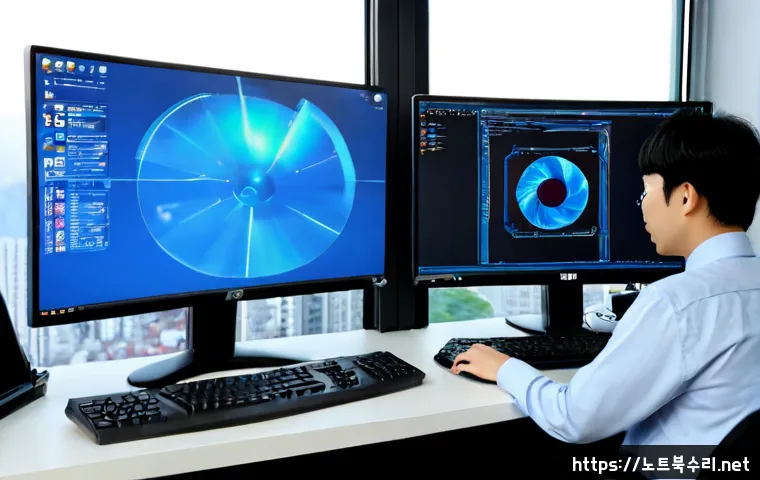 해곡동 STATUS_KERNEL_STACK_CORRUPTION - Photorealistic IT support workstation in a compact Hae-gok-dong apartment office, dual monitors show...