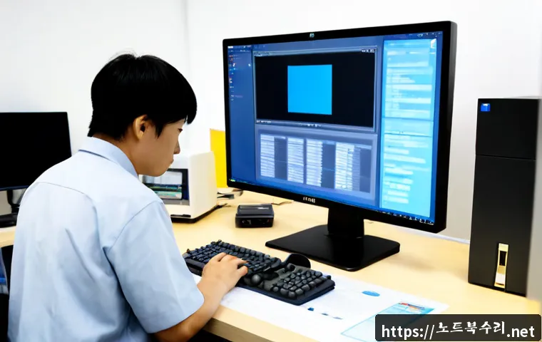 충무로 STATUS_KERNEL_SECURITY_CHECK - Photorealistic IT support workstation in a compact Chungmuro print studio, desktop monitor showing a...