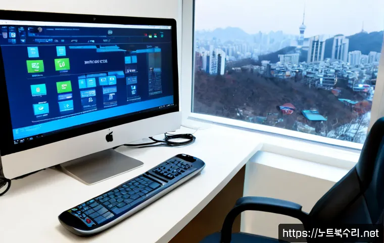 홍제동 STATUS_KERNEL_THREAD_TIMEOUT - Photorealistic remote-support workstation in a compact hillside apartment office, dual monitors show...
