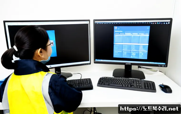 당정동 NMI_HARDWARE_FAILURE - Photorealistic IT support workstation in a compact Dangjeong-dong office, dual monitors showing a bl...