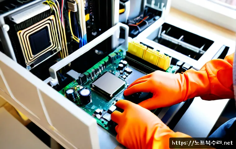 안흥동 cpu조립 및 교체수리 - Photorealistic CPU replacement service at a compact desktop workstation, technician wearing anti-sta...