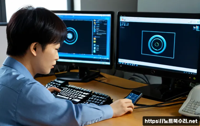 불로동 STATUS_KERNEL_HANDLE_INVALID - Photorealistic desktop support workspace in a compact Korean district office, dual monitors showing ...