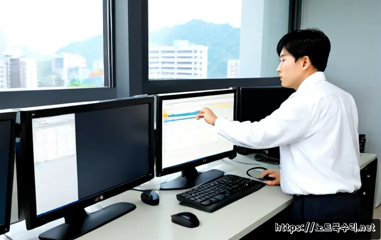 가업동 STATUS_PAGE_FAULT - Photorealistic IT support workstation in a quiet Korean residential-office district, dual monitors s...
