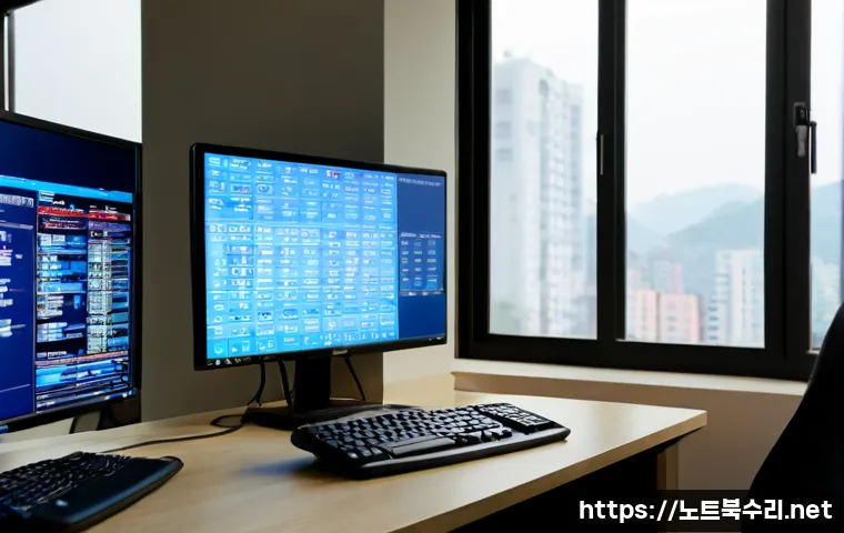 성산동 SYSTEM_THREAD_EXCEPTION_NOT_HANDLED - Photorealistic IT support workstation in Seongsan-dong, Mapo, dual monitors displaying abstract blue...