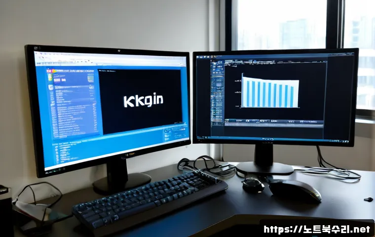 계양동 UNMOUNTABLE_BOOT_VOLUME - Photorealistic IT support workstation in a modern Gyeyang-dong office, desktop monitor showing a dar...