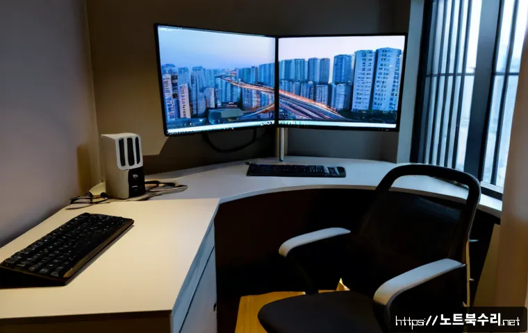 청계동 절전모드 - Photorealistic modern workstation in a quiet Cheonggye-dong apartment office at dusk, dual monitors ...