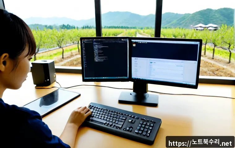 개군면 STATUS_CONNECTION_REFUSED - Photorealistic rural workstation in Geangun-myeon, South Korea, a remote support technician studying...