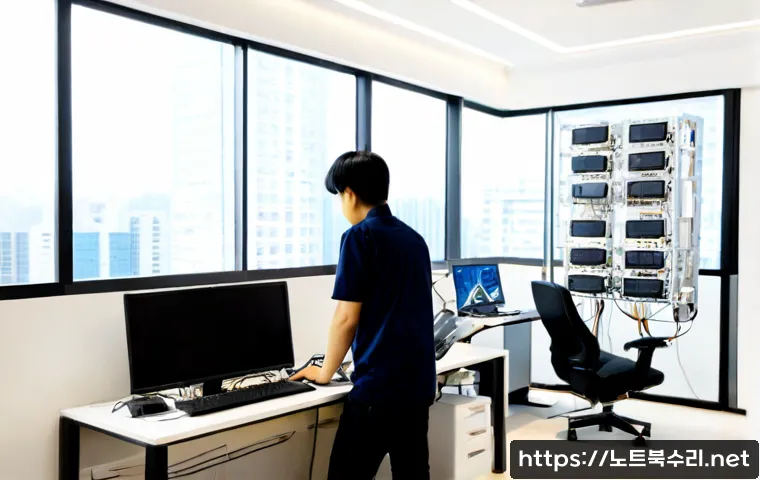 정자동 DEVICE_DRIVER_MISMATCH - Photorealistic modern workstation in Jeongja-dong, dual monitors showing a complex mechanical CAD as...